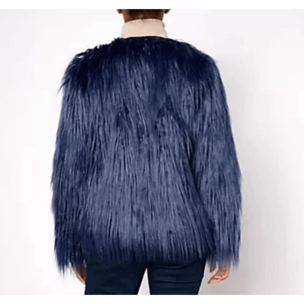 Dennis Basso Womens Faux Mongolian Fur Coat Blue Bliss Hook Closure Large‎ NWT